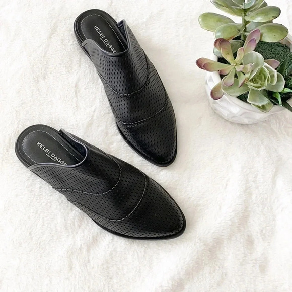 Kelsi Dagger Black leather Perforated Mules slides NWOT - Picture 2 of 10